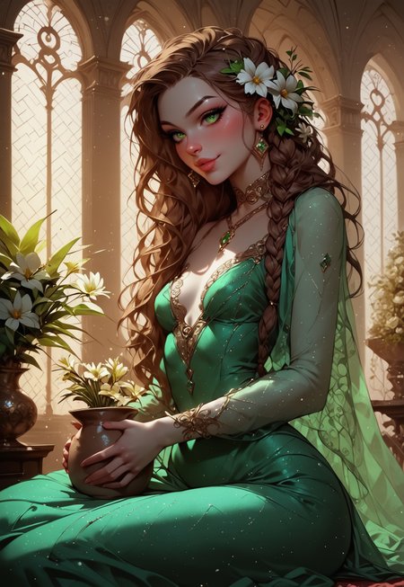 safe_pos, safe_pos, score_9, score_8_up, score_7_up, score_6_up, score_5_up, score_4_up, human female, girl, short, beautiful, seductive, white skin, curvy, hourglass figure, wide hips, small breasts, perky breasts, chocolate brown hair, long hair, braided hair, side braid, emerald eyes, round eyes, big mouth, filled lips, small ears, round ears, round face, snub nose, beautiful face, aesthetic face, bronze jewelry, emerald jewelry, emerald wrap dress, bronze silk dress, friendly, naughty, mischievous, friendly smile, sitting on bed,  holding pot of flower on lap, holding pot of flower with both hands, big flower, beautiful white flower, luxurious brothel, brothel room, golden and green decorations in background, emerald carpet, bronze furnitures, green plants in the background, bronze columns in background, decorated window in background, artistic background Expressiveh, g0th1c