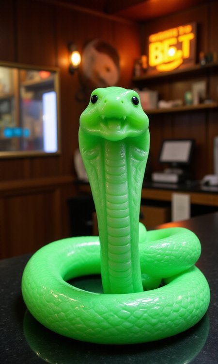 jade_snake, shebaaobao, neouv, cartoon snake made out of glowing illuminated iridescent jade ready to bite somebody on the counter of a pawn shop in New York City  <lora:jadesnakeflux-000001.safetensors:1.0> <lora:shebaobao_flux_snake_Cartoon_v2.safetensors:0.3> <lora:neouv_flux_03.safetensors:1.0>