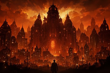 This beautiful artwork by artist "Kamui" showcases a dystopian cityscape at dusk, with a dominant, fiery orange sky. The city's towering, dark buildings, featuring intricate, almost steampunk-inspired designs, dominate the scene. In the foreground, a lone figure, likely male, stands in silhouette against the glowing backdrop. The composition uses the rule of thirds, with the city's central structures in sharp focus, while the background remains slightly blurred. The lighting is artificial, emanating from numerous windows and streetlights, casting a moody, orange glow over the entire scene.