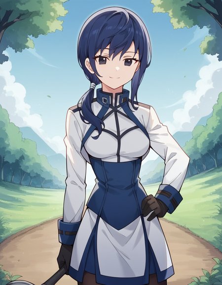 score_9, score_8_up, score_7_up, source_anime, <lora:grimgar-merry-s1-ponyxl-lora-nochekaiser:1>, merry, short hair, blue hair, black eyes, ponytail, low ponytail, side locks, medium breasts, gloves, pantyhose, uniform, long sleeves, white uniform, blue uniform,, bike ride, countryside, dirt road, trees, afternoon sun, peaceful, alone, smile, looking at viewer, smug, hand on hips,, solo,, cowboy shot, dutch angle