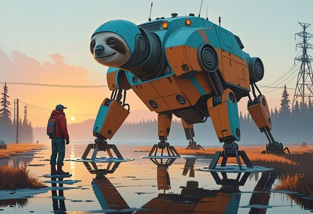 Cinematic, shot.
Dynamic view of an ancient goofy 12m tall disturbing (smiling) Sloth-shaped robot (and a man in front of it) in Simon Stalenhag's style from a futuristic era, at dusk hour with very long and realistic projected shadows, detailed frame, painting looks to be life like, on the ground, magical multicolored ink, high quality, imagination, fantasy art, vivid magical colors.
The shot takes place near an highway.
The robot is trying to cross an iced lake walking on four legs.
Many details everywhere. Ray-Tracing. Anti-Aliasing. Realistic reflections. Realistic soft shadows.
Slightly desaturated colors. 
Insane quality. Insane resolution. Insane details. Masterpiece.
16k resolution
By Simon Stalenhag.