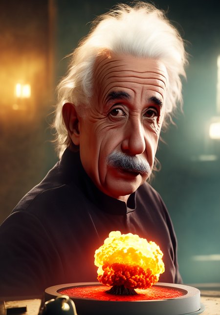 Albert Einstein  and his pet  hypernuke in FWATCH STYLE, colour grading, (Albert Einstein with hypernuke hair), SD2VrayRender, PhotoHelper, SD2CINEMA768-DIGITAL