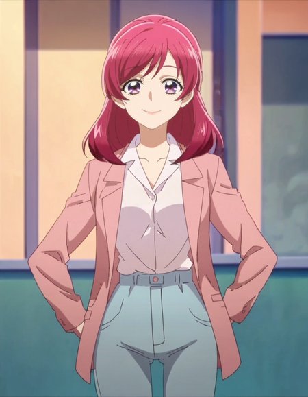 score_9, score_8_up, score_7_up, anime screencap, solo,1girl,yumeharanozomi, smile, jacket, pink jacket, shirt, looking at viewer, open jacket, white shirt, open clothes,pants, long sleeves,formal, cowboy shot, medium breasts<lora:yumeharanozomi:0.8>,