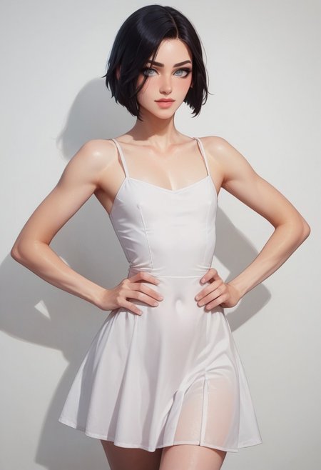 score_9, score_8_up, score_7_up, 1boy, femboy, otoko no ko, short hair, bob cut hair, black hair, grey eyes, gray eyes, feminine face, toned body, Shelly, summerdress, white dress, sheer, highly detailed, intricate, zzCitronCAT, standing, contrapposto, hands on hips, confident expression, cowboy shot, modelshoot, abstract background, solo