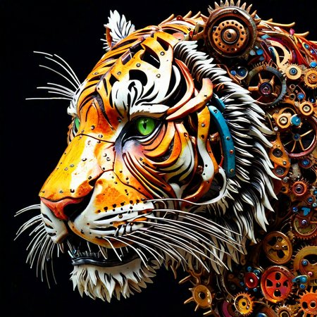 sfw,  dynamic splashes, bright colors, high contrast,  close up of a tiger head made of roast gears with colourful metal , hyperdetailed, photorealistic,<lora:challenge\gearstyle-000001.safetensors:0.8500000000000002:0.8500000000000002>