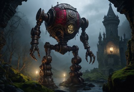 giant bipedal robot red blue stripes copper iron and bronze silver paisley robot. lacy robot metal bell jar head. outside of a steampunk keep. large detailed torso. dark image. one forty foot tall ancient robot with great arms and two heavy spring legs. dark foggy night background. $dark foggy night image only. dark photo realistic image. steampunk details. cogs, chains and pipes incorporated in the fantasy buildings.  magic wizards tower in background. Dark swamp, moss, castle ruins, wizards tower. stormy dark night. evil steam carriage running