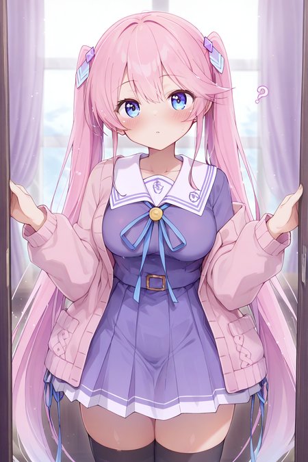1girl,looking at viewer,facing viewer, front viewer, <lora:enotesv2:0.8>? <lora:OUKA SHIUNJI_illustrious:1> OUKA SHIUNJI,twintails,blush,collarbone,hair ornament,bangs,pink hair,blue eyes,medium breasts,long hair,  dress,purple dress,zettai ryouiki,school uniform,long sleeves,jacket,cardigan,pink cardigan,blue ribbon,very long ribbon,purple serafuku,skirt,purple skirt, sailor collar,highhighs,black thighhighs,, breasts,digital illustration,1girl, masterpiece, best quality,highres,