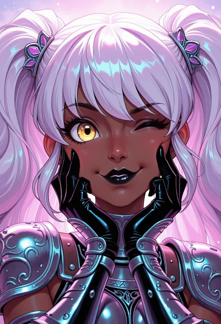 masterpiece, best quality, amazing quality, 1girl,, solo, ,,<lora:lavenderAndTeal_illustrious_byJaneB:1>, lavenderandteal,
dark elven girl, leather armour, portrait, hair accessories, body accessories, silver pierces, glossy black lips, yellow eyes, wink, touching cheek