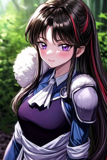 masterpiece,  best quality 1girl Setsun4 solo long hair,  (night time) forest background black hair very long hair purple eyes multicolored hair armor (fur trim) (medium body),<lora:EMS-179-EMS:0.800000>,<lora:EMS-293862-EMS:0.800000> bow, hair_bow, hair_tubes, red_bow, brown_hair, long_hair, bangs, ascot, frilled_bow, yellow_ascot, blush, smile, hair_between_eyes, athletic, armor, miko