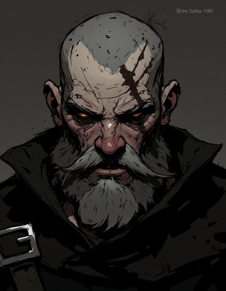 Ev Ganin style. The image is a digital drawing in a dark, gritty, comic book style. It depicts a grizzled, battle-hardened warrior with a gaunt, weathered face and a bald head. The warrior's face is marked by deep lines, scars, and a single, prominent scar running down his left cheek. His eyes are sunken and filled with a deep, contemplative expression. He has a thick, unkempt beard and a rugged, worn appearance. <lora:Ev_Ganin:1.0>