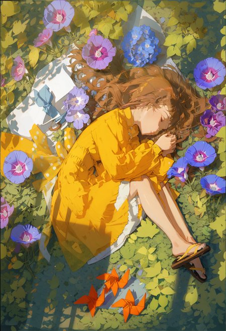 masterpiece, best quality, <lora:REDUMXLANI31lokrV53P1-000121:0.95>  1girl, flower, purple flower, solo, long hair, brown hair, dress, yellow dress, closed eyes, long sleeves, leaf, dappled sunlight, on side, lying, from above, blue flower, sandals, shadow, plant, outdoors, origami