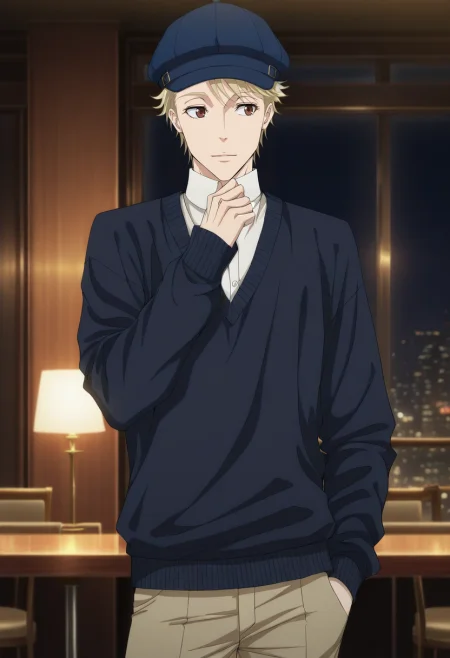 masterpiece, best quality, anime screencap, official style, anime coloring, cowboy shot, 1boy, solo, male focus, <lora:john_h_watson_ilxl:0.96>, john_h_watson, blonde hair, brown eyes, short hair, , cyber cafe, holo-screens, data chairs, neon tables, relaxing pose, casual expression, ambient lighting, Khaki pants, Cardigan sweater, , Gatsby cap,
