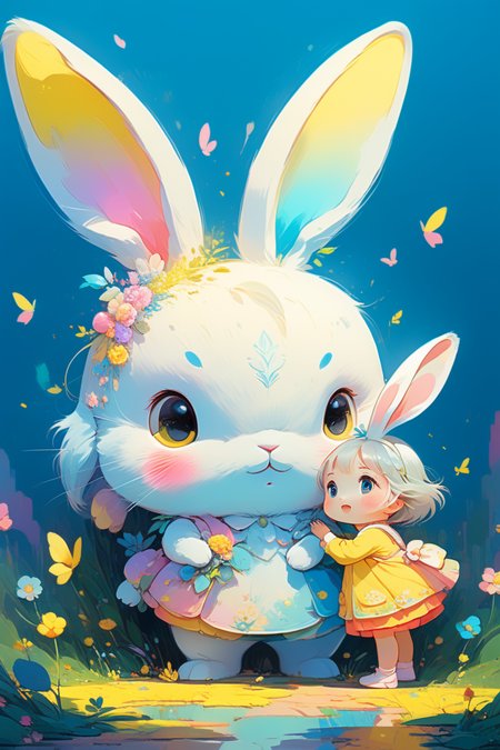 concept art A huge cute colorful rabbit with a little girl standing in front of it,digital art,in the style of anime aesthetic,pastel toned,animated gifs,yellow and blue,playfully intricate,Prateep Kochabua.,<lora:xl_more_art-full_v1:1>,(((masterpiece))),(((best quality))),((ultra-detailed)) . digital artwork,illustrative,painterly,matte painting,highly detailed,, (((masterpiece))),(((best quality))),((ultra-detailed))