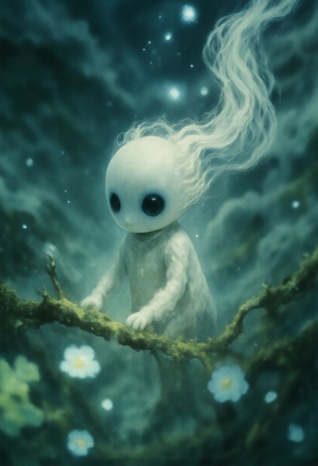 Studio Ghibli Dark Fairytale, moody ethdysty, fantastical, ethereal aesthetic. The image is a high-resolution macro photograph of a small, Ghibli-inspired Kodama forest spirit, showcasing intricate details of its tiny, otherworldly body. The Kodama has a smooth, desaturated white surface with faint, faded markings that give it an aged, ghost-like appearance. Its large, hollow black eyes are glossy and reflective, hinting at a silent wisdom. The delicate limbs and subtle textures, almost translucent, catch the ambient light in a soft glow. Fine, mist-like particles drift around it, adding to its eerie, serene presence. Cracks and tiny mossy growths adorn parts of its body, as if it's partially formed from the forest itself. The background is blurred, filled with diffused forest light and glowing spores, creating a dreamlike depth that makes the Kodama appear to hover silently in a realm between life and spirit.