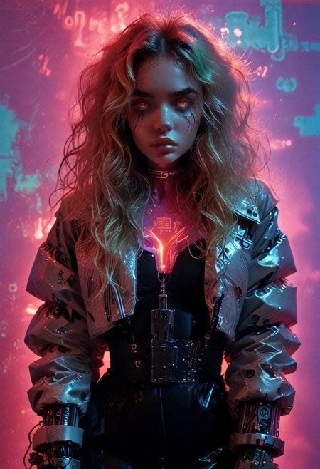 score_7_up, (score_9:1.1), (ugly:0.9),(pretty:1.4),1woman, adult, realistic, realism, hyper realistic, sparkling hair, floaty hair, wavy hair, (soft light coloured hair:1.3), (red iris, glowing iris, neon white pupils:1.3), looking at viewer, big hair, huge afro, zero gravity hair, detailed, perfect, perfection, hands, big scar across face,
BREAK,
((extra_puffy_jacket, black skirt, glossy lips, shiny skin)), full lips, hands behind back, (upper body:1.9),  blocky shape cybernetics, cybernetics, cybernetic skin, raised eyebrow, pale skin, ((snub nose:1.4)), breasts, (prominent abs:1.1), focus upper body,  sweating, 
BREAK,
(neon background, future slums, neon, cybernetic background, mist:1.3),(cybernetic mechanical arm, prosthesis:1.3),