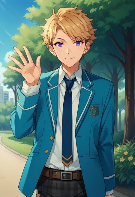 score_9, score_8_up, score_7_up, source_anime, highly detailed, 
narukami, 1boy, male focus, plaid pants, solo, school uniform, necktie, waving, blonde hair, pants, jacket, plaid, blazer, smile, straight-on, looking at viewer, blue necktie,  belt, purple eyes, shirt, white shirt, standing, hand up, upper body,
outdoor, sky, tree