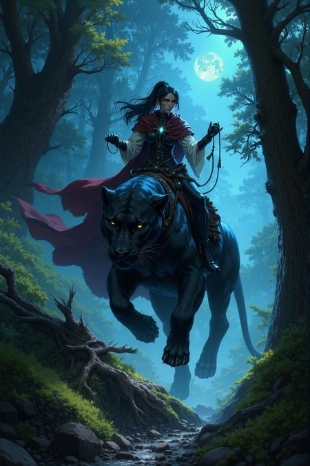 <lora:FANCHA_style:0.75> FANCHA style.
The image is a digital artwork in a fantasy style, depicting a fierce yet beautiful, young woman and a colossal, majestic black panther in a vibrant, luminescent forest. The woman, with a slender and elegant build, has a striking appearance with pale skin, dark hair styled in a high ponytail, and piercing green eyes. She wears a very dark red, flowing behind, cloak with black lining. White blouse can be seen under the cloak. Her attire includes an intricate necklace with glowing neon-blue gem which illuminates her chest and the blouse with blue light. On her elegant hands she wears black long gloves, and tiny high leather boots on her feet, giving her an otherworldly, sorceress-like appearance. She is riding on the back of a (colossal, massive black panther), which is depicted in high graceful mid-leap over a (thick old fallen tree) lying across the path, its short fur glistening catching moonlight highlights, and its eyes glowing with an eerie, luminescent effect. The panther's muscles are detailed with a realistic texture, emphasizing its powerful, majestic build.  (The woman, clings tightly to the panther, bending over, slightly tucking her legs and holding the reins tightly in her hands:1.2), with her confident gaze focused forward. The background is a mystical, ethereal forest bathed in faint mist and deep, electric blue moonlight and crawling fog, creating an eerie, almost dreamlike atmosphere. The forest is dense with various shades of green foliage and lush vegetation, including ferns and tall, spindly trees. The ground is covered in moss and rocks, and the air is filled with glowing luminescent particles or fireflies adding sense of volume to the scene.