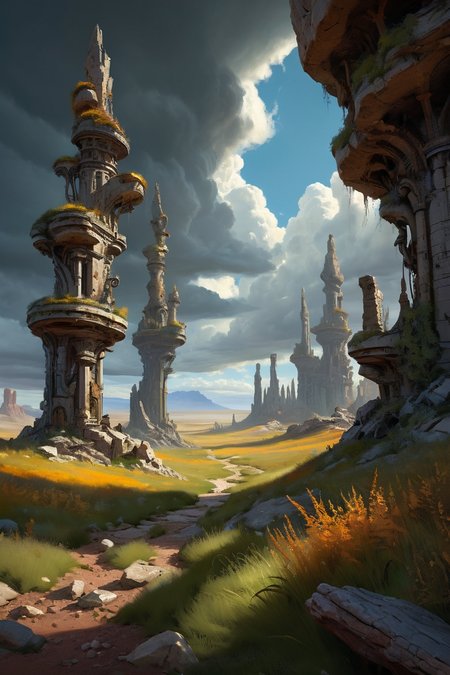 petrified stone forest during storm, dust devils, migratory ruin complexes where collapsible reed temples bloom with seasons, maintained by seasonal lichen caravans, cinematic view, epic sky, detailed, concept art, low angle, high detail, warm lighting, volumetric, godrays, vivid, beautiful, trending on artstation, by jordan grimmer, huge scene, grass, art greg rutkowski,
 <lora:detailed_notrigger:0.7>, <lora:add-detail-xl:0.3>, oil painting art style from Renaissance period, masterful composition, Renaissance mood, renaissance oil painting, brush strokes, Baroque art style, dynamic composition, dramatic lighting, rich colors, intricate details, professional-grade execution, captures the grandeur and theatricality of the Baroque period