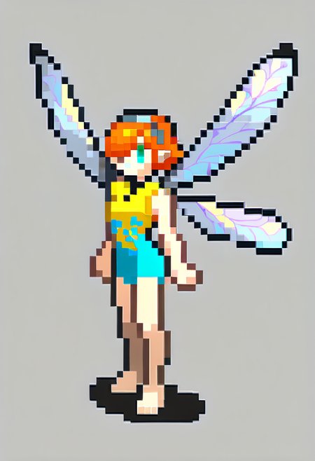 score_9, score_8_up, score_7_up, source_anime, 1girl, <lora:FEGBA-SpritesV2-pdxl_Fp:1> simple background, pixel art, full body, <lora:GallicaMRv2-pdxl:1> gallicaMR, short hair, orange hair, pointy ears, grey hairband, aqua eyes, hair over one eye, yellow leotard, turtleneck, bare arms, floral print, fairy wings, barefoot