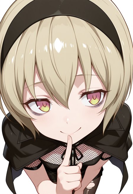 Smooth Quality,masterpiece,very intricate, high quality details, ultra realistic, high detailed skin,detailed enviorement,absurdres,
pointing up,
 <lora:Pekora_CNR:0.8> pekora_cnr, 1girl, blonde hair, short hair, bangs, yellow eyes, multicolored eyes, shiny hair black hairband,bags under eyes,, forced smile,, simple background, white background, from above,solo,, fishnet top,  ,cape, ,torn pantyhose,  ,