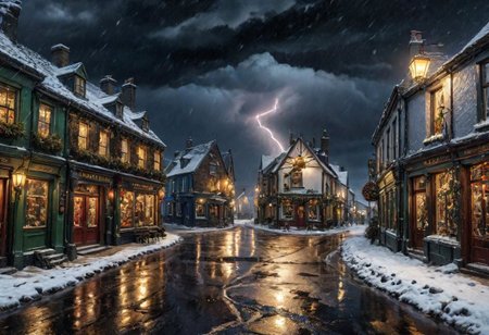 (((4k uhd))), (((hdr))), ultra detailed, real photographic  nikon z7, christmas Winter storm in a small irish  town, dark fantasy, masterpiece, highly detailed environment, (((highly detailed objects:1.4))), disco elysium OverallDetail