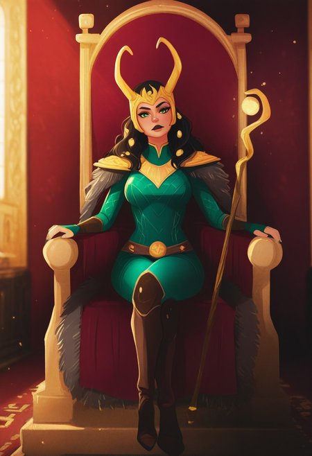 MSMLN, masterpiece, best quality, absurdres, highres, high quality, highly detailed,
1girl, solo, ldylki, long hair, green eyes, horned helmet, hair ornament, looking at viewer, head tilt,
breasts,
fur trim, cape, necklace, bodysuit, armor, shoulder pads, belt, fingerless gloves, nail polish, high heel boots,
dynamic angle,
sitting, crossed legs, sitting on throne, holding staff, magic,
indoors, depth of field, cinematic, palace, throne room, light rays, light particles,
no lineart, pixelsketcher, <lora:incase_new_style_red_ill:0.6>, <lora:bonifasko_ill:0.4>, <lora:Lady LokiilluLoRA:0.9>