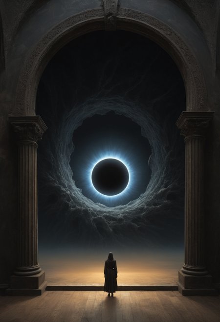 Subject: Massive black hole, inspired by Beksinski's gothic surrealism and Caravaggio's dramatic light.Style: Photorealistic with gothic-sci-fi and Baroque influences.Details: Centered black hole, embodying the eerie, majestic force of the cosmos, framed in Beksinski's apocalyptic style and Caravaggio's intense chiaroscuro. Space is alive with swirling galaxies and ethereal light, capturing the sublime terror of the universe.Composition: 8K HDR, Depth of Field, Action Scene, Natural Lighting, centered-shot, 22 Megapixels, shot on IMAX 70mm, detailed, elegant, perfection, shimmering, with a perspective that dramatizes the black hole's gravitational pull.Render: The scene merges the haunting beauty of infinite space with the artistic depth of Beksinski and Caravaggio, creating a captivating, high-resolution image that invites viewers to ponder the cosmic ballet of light and darkness. <lora:add-detail-xl:1>