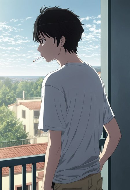 high resolution, solo, best quality, 1Boy, Inaho Kaizuka, Black Hair, Brown Eyes, home balcony, morning, cigarette, coffee, t-shirt, shorts, looking away, OverallDetail