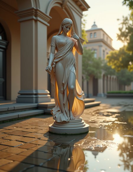 Beautiful architectural antique sculpture after the rain, the weather is sunny, the reflection of the sculpture is visible in the reflection of puddles, ray traced, 8k, beautiful shadows, detailed textures, detailed scene, ultra detailed, best quality, hyperdetailed image, realistic skin texture, photorealistic image <lora:add-detail-xl:1> <lora:Flux-style-xl-lora:1>  <lora:ElvenInterior:1> <lora:xl_more_art-full_v1:1> <lora:extremely_detailed:1>