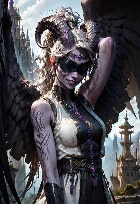 (absurdres, best quality, masterpiece:1.4), 
score_9, score_8_up, score_7_up, score_6_up, 
detailed, 
detailed body, 
detailed face, 
fantasy, 
alone, 

female, 
tiefling, 
h0rns, 
ram horns, 
black horns, 
tall, 
((((purple skin)))), 
((long grey hair, ponytail)), 
(((wingsd, black wings))),

one arm above head, 
soft smile,

(white robe, sleeveless, 
blindfold, black cloth blindfold), 

depth of field, 
outdoors, 
mountain temple, 
upper body