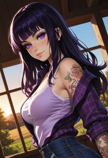 (score_9, score_8_up, score_7_up), 
(dutch angle, upper body:1.4),
1girl, solo, black hair, detailed eyes, purple eyes, long hair,  straight bangs, medium breasts, (goth, wide hips:1.1),  eyeshadow, jeans,  hime cut, (rolled up sleeves:1.2), sunset, BREAK,
(tattoo, tattooed arm, flannel shirt, unbuttoned, purple shirt, ass, white tanktop:1.2), nature, indoors, farm, blush, wind, windy hair, (face focus:1.3), smug, looking at viewer,