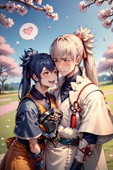 score_9, score_8_up, score_7_up, score_6_up, source_anime, man and woman, couple, cherry blossoms, field, blue sky BREAK 1girl, <lora:feoboro-pdxl-nvwls-v1-000007:1> feobo, dark blue hair, ponytail, orange dress, blue sleeves, short sleeves, japanese armor, happy, open mouth, spoken heart BREAK  <lora:TakumiFE-pdxl-bsinky-v1:1> defTakumi, ponytail, long hair, gloves, fur trim, blush, wavy mouth