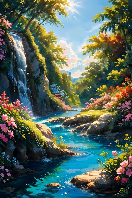 A stunning summer vista where a majestic waterfall cascades down into a sparkling blue pool surrounded by lush greenery and vibrant flowers. The sky is a brilliant blue with a few scattered clouds, and the sunlight dances on the water, creating a magical effect. The scene is serene and filled with the sounds of nature, evoking a sense of wonder and peace. native, original nature.
<lora:add-detail-xl:1.0>,
<lora:EnvyBetterHiresFixXL01:1.0>,
<lora:extremely_detailed:1.0>, extremely detailed,
<lora:EldritchMixIllustration_1.1:0.5>,
<lora:Summer_scenery:1.0>,
<lora:zavy-cntrst-sdxl:0.5> dark, chiaroscuro, low-key,
<lora:Painted World:0.8> painted world, colorful splashes
