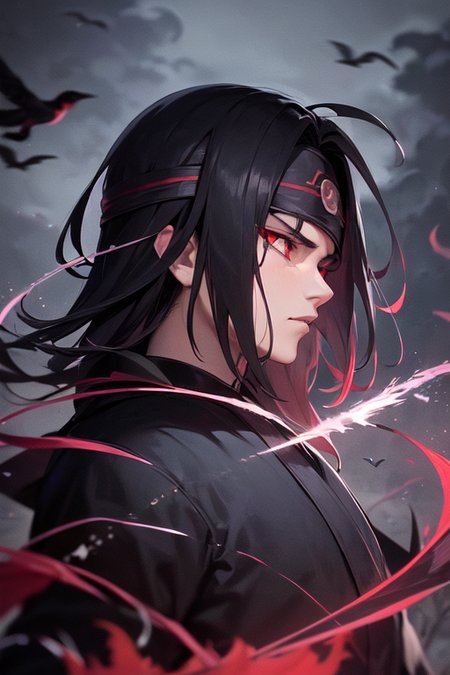 (ItachiUchiha:0.8),best quality, more details, masterpiece, portrait, 1boy, male focus, uchiha itachi,  (mature male:1.4), (evil:1.2),(from below:1),akatsuki uniform,rain, bird, black feathers, black hair, cloudy sky, crow, dark background, falling feathers, fantasy, feathers, forehead protector, glowing, glowing eyes, headband, konohagakure symbol, mangekyou sharingan, night sky, ninja, solo, red eyes, sharingan, solo, somber expression, looking down, dark energy, colorful, vibrant colors, portal to another world, side view, face_focus, zoomed_face, zoomed_in, bokeh, 
bloody, evil, dark,moody, spooky background, villian, colorful, beautiful, 
ultra realistic, intricate details, elegant, hyper realistic, tonemapping, hyperfocus, sharp focus, [volumetric lighting],photorealistic realistic, luxurious, 8k, detailed, ray tracing, depth of field, cinematic lighting, small gold particles,