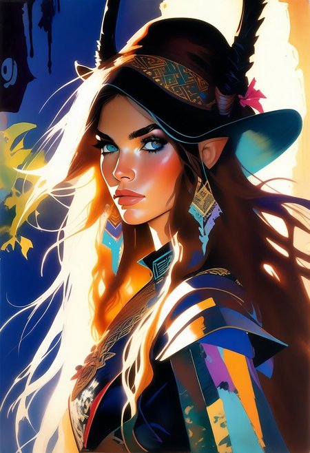 score_9, score_8_up, score_8_up, ((Cinematic composition)),((masterpiece)), (resplendent highlighting), 8k. Photorealistic
1girl, (full body). 
A stunningly beautiful elven cowgirl walks out through saloon doors. She’s wearing cowboy clothing on top of her elven garb. Bow on her back, quiver on her belt, cowboy boots, Cowboy hat in her hand, (camera angle from below), deep rich colours, ((full body)) long hair, elven ears. (resplendent spotlight on her face). Brilliant chaotic atmosphere.
Double exposure.
Ink, Charcoal and colourful oil pastels. impressionistic. faded watercolours (Klimt :1.2) dadaistic collage (by Bill Sienkiewicz:1.5), strikingly alluring face. brilliant spotlight effect. Vibrant thick dripping paint. Intense detail, realistic, dynamic shadows and contrasts. Matte and faded background colours. unreal parts, alluring, fluid, perfection, gothic. (Luminous skin dynamically spotlighted), Illustration, (klimt:0.8) (Bill Sienkiewicz:1.5). maximum detail, Chinese watercolor and ink technique. Gold leaf highlights.
<lora:xl_more_art-full_v1:0.4> <lora:epi_noiseoffset2:1>3