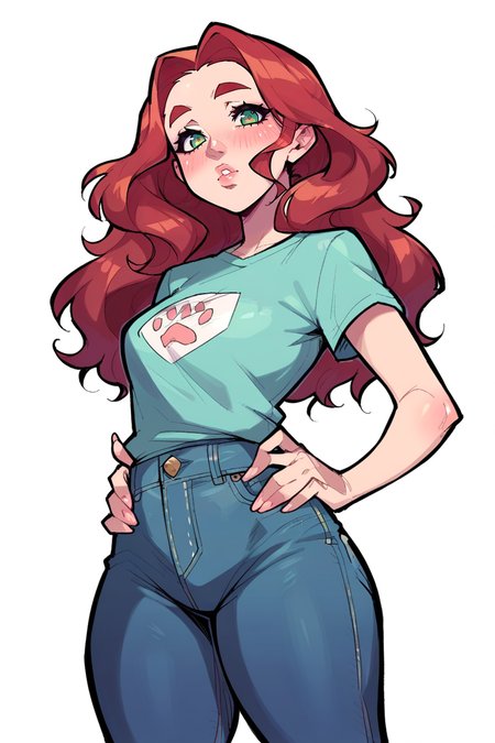 <lora:Mix25:1>, score_9, score_8_up, score_7_up, score_6_up, score_5_up, rating_questionable, source cartoon
1girl, pretty face, pretty eyes, detailed eyes, HD eyes, thick thighs
hands on hips, standing, cowboy shot
looking at viewer, blush, eyebrows, long hair, red hair, green eyes jeans, green t-shirt, boots, high waisted jeans
simple background, white background