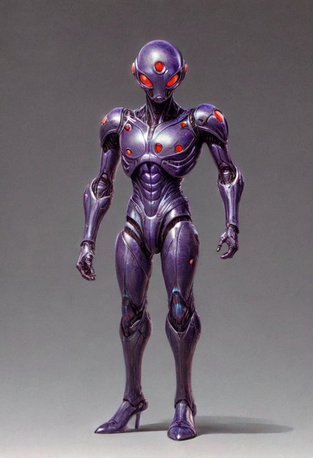a realistic, detailed full-body 3D model of a slim humanoid bug hero inspired by classic Kamen Rider. The character resembles a human fly, with large, textured red compound eyes and black antennae that curve backward, giving a sense of motion. His chest armor is a vibrant purple, segmented to emphasize musculature, with black accents. Angular purple shoulder plates add a heroic silhouette. He wears a utility belt with a central buckle featuring a red gem. The arms and legs are covered in purple and black segmented armor for an exoskeletal look, with knee guards and forearm plates. head to toe, concept art by syd mead, retro futuristic, flat colors Comic panel illustration, akira style, Character Design page, alienzkin