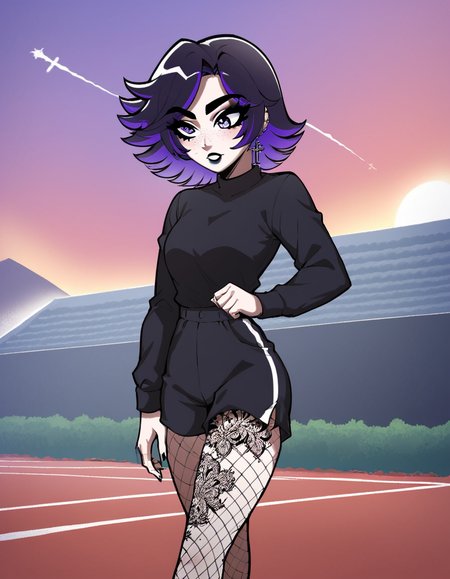 (masterpiece), (best quality), (ultra-detailed), score_9,score_8_up,score_7_up,score_6_up, source_cartoon, afs_ksusha, 1girl, , black eyeshadow, black eyebrows, black lipstick, black freckles around nose, cross earrings, purple eyes, short spiky hair, bangs, dark purple hair, purple gradient hair color, multicolored hair, sport clothes, black nails, , fishnets, tattoo on legs, running, action packed, (crowded marathon scenery:1.3), illustration, disheveled hair, detailed eyes, perfect composition, moist skin, intricate details, earrings, by wlop, score_9,score_8_up,score_7_up,score_6_up, source_cartoon, afs_ksusha, 1girl,, black eyeshadow, black eyebrows, black lipstick, black freckles around nose, cross earrings, purple eyes, short spiky hair, bangs, dark purple hair, purple gradient hair color, multicolored hair, sport clothes, black nails,, fishnets, tattoo on legs, running, action packed, (crowded marathon scenery:1.3), ambient light, detailed, cinematic atmosphere, professional fine detail, intricate, very beautiful, stunning, winning, full creative, positive, cute, pure, artistic, vibrant, confident