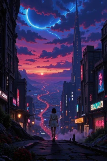 a futuristic sci-fi fantastic cyberpunk city beautiful  landscape, dusk, woman, very intricate, very detailed, sharp, bright, colorful, <lora:Hand v2:0.5> <lora:Anti-Blur:1><lora:Insane Detail Slider:0.25>  <lora:flux.1_lora_flyway_Epic-detail_v2:0.3> <lora:fluxenhancer:0.25> <lora:Anime_style:0.6> anime style