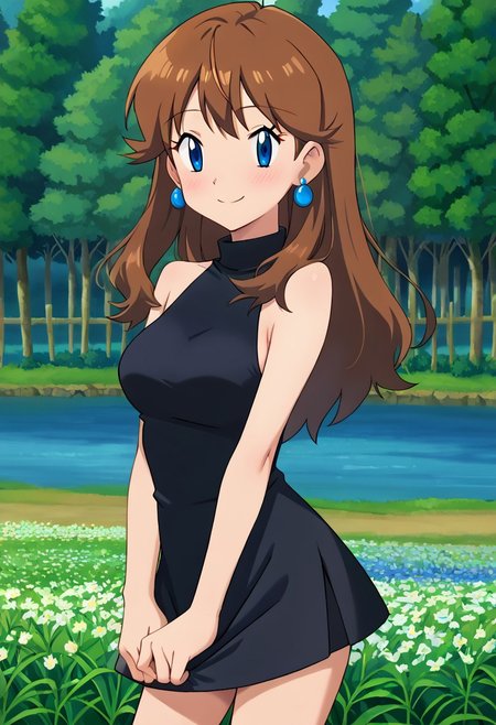 score_9, score_8_up, masterpiece, best quality, uncensored, correct anatomy, detailed background, anime_source, 1girl, solo, alone, perfect eyes, perfect arms, perfect legs, perfect face, outdoors, medium breasts,  bare shoulders, field and forest,
gurin, blue eyes, brown hair, long hair, bangs, sidelocks, black dress, short dress, upper body, (blue earrings, round earrings),
standing, blush, smile, arms at side