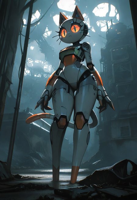 masterpiece, best quality, good quality, very awa, very aesthetic, absurdres, newest, a beautiful cute robot cat,Apocalyptic Earth,Futuristic, Cinematic Lighting, white sphere in the background