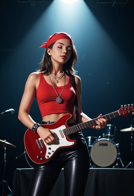score_9, score_8_up, score_7_up, score_6_up, score_5_up, score_4_up, A young woman, likely in her late teens or early twenties, with dark hair and a medium complexion, is positioned on a stage, playing an electric guitar. She is centered in the image but slightly to the left of the frame.  She's facing the viewer, her expression focused and intense as she plays.  She is wearing a sleeveless, vibrant red top, black pants or skirt, and a studded belt.  A bandana or wristband is visible around her wrist.  She is wearing jewelry including a layered necklace with a pendant.  Her body is slender and athletic. The setting is a rock concert, with other musicians playing instruments (drums and a guitarist) in the background.  The stage is lit by bright stage lights, creating a dynamic atmosphere.  The image has a 1970s-1980s rock concert vibe, with muted tones of light red, black, white, and gray dominating the colors. The perspective is from slightly in front of and slightly above the woman, with a focus on her playing the guitar. The overall style is a snapshot of a concert performance with a clear emphasis on the musical artist.