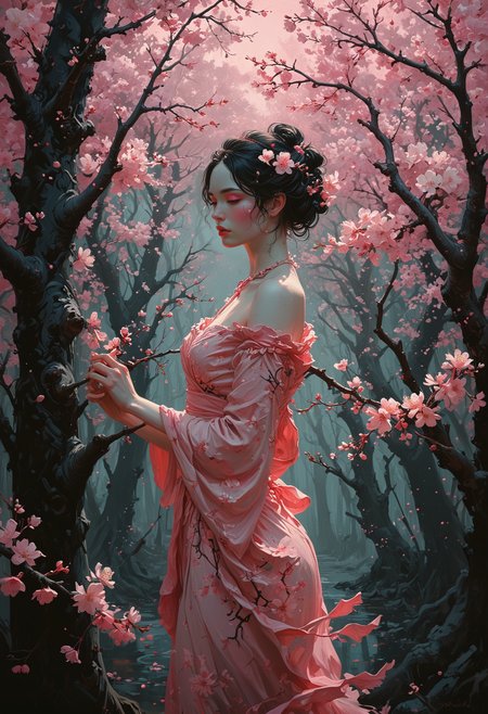 dryad in the cherry blossom woods. on black canvas in the style of guillem h. pongiluppi,  abigail larson, ominous landscapes, john sloane, light pink and neon pink, energy-filled illustrations, highly detailed  <lora:add-detail-xl:1> <lora:MJ52:0.5>