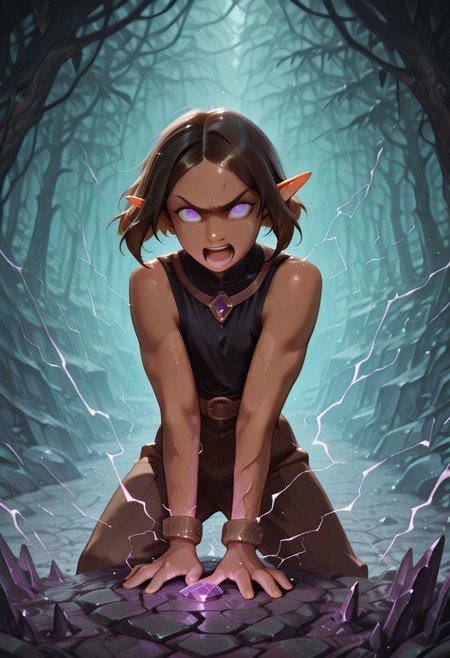 1 Lapanya, solo, Repeta, violet eyes, black sleeveless top,
furrowed eyebrows, pained expression, open mouth, shouting, grabbing wrist, purple electricity, purple veins, glowing eyes,
Holding purple gemstone in one hand, 4-sided gemstone, small gemstone,
organic cavern background, 
Medieval style, Smooth colors, detailed eyes, clean lines, high quality, best quality, masterpiece, rating: safe, source: anime,