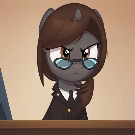 masterpiece, perfect detail, best high quality, source_pony, show accurate, cute, 1girl, solo, female, oc:sonata, glasses, attorney suit, badge on collar, pony, courtroom, defense stand, standing, standing behind desk, frown, closed mouth, determined look, beautiful, looking offscreen, score_9, score_8_up, score_7_up, score_6_up, score_5_up, score_4_up