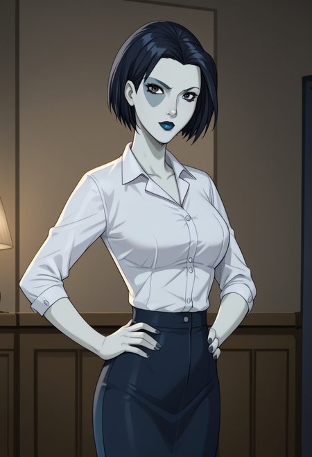 Score_9, score_8up, score_7up , perfect anatomy, cowboy shot), neena thurman, short hair, black hair, blue eyes, colored skin, blue skin, lipstick, black lips, ((looking at viewer)), toned, athletic, standing, hands on hip, indoors,alternate costume, alternate outfit ,ysteacher,navy hair,lipstick,short hair,brown eyes,collared shirt,breasts,pencil skirt,lipstick,pantyhose