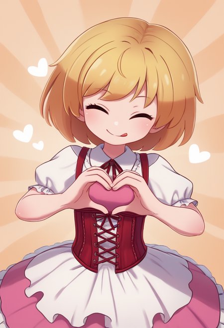 score_9, score_8_up, score_7_up, score_6_up, score_5_up, score_4_up, BREAK,
1girl, solo, looking at viewer, head tilt, heart hands, cowboy shot, happy,
cute dress, corset, wink, tongue out, 
abstract background,
