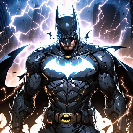 A dashing portrayal of Batman, clad in a sleek, jet-black suit that epitomizes stealth and strength. He stands in a dynamic pose, exuding a powerful aura. The scene is dramatically illuminated by beams of divine light piercing through the darkness, intertwining with streaks of lightning that crackle around him, adding an electrifying intensity. The atmosphere is charged with tension, hinting at the imminent action. Batman's eyes, visible beneath the cowl, are focused and resolute, reflecting the unyielding resolve of Gotham's guardian, <lora:herocoolstyle:0.65>,