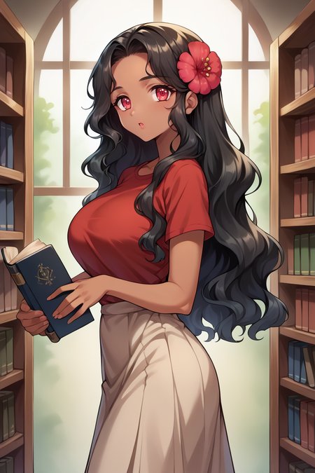 score_9, score_8_up, score_7_up, score_6_up, source_anime, 1girl, solo  <lora:yamiqll-pdxl-nvwls-v1-000006:1> yamiqll, wavy hair, black hair, dark skin, hair flower, large breasts, red t-shirt, long skirt, looking at you, holding book, bookshelf, from side, looking at you, chestnut mouth