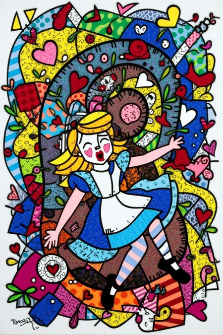 romeb1 illustration.
Overhead view of Alice in Wonderland falling into the rabbit hole, with her legs dangling beneath her. She is looking upward, her face filled with shock and terror as she screams. Her blue dress and white apron billow out around her as she tumbles, while her striped stockings and black shoes are visible below. The rabbit hole is a swirling, chaotic mix of vibrant colors, playing cards, teacups, and other Wonderland objects floating around her. Soft glowing light emanates from the tunnel walls, adding an eerie, fantastical feel to the scene. The sense of motion and fear is palpable as Alice falls deeper into the unknown. The background is stark white.  <lora:romeb1_cap_d6a3e12:1.0><lora:829128670678534613:0>